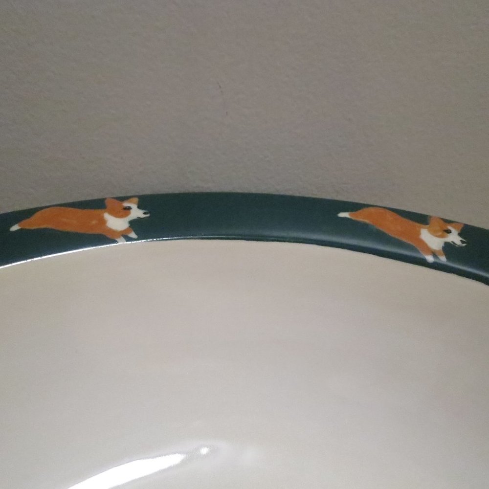 Zeppa Welsh Corgi Dog Serving Bowl Large 12.5" Signed Decor Green Brown 1996 - Picture 4 of 7